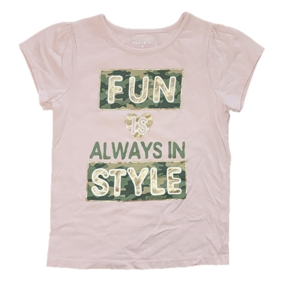 HEALTHTEX Light Pink Short Sleeve Tee with Lace on Back, Camo and Gold Lettering
